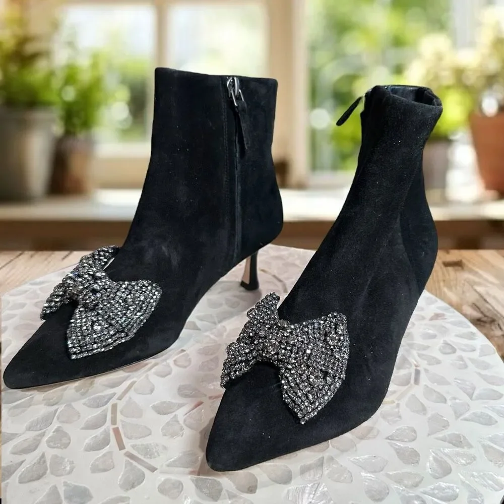 Tory Burch $498 Embellished Crystal Bow Leather Suede Ankle Booties Boots Shoes